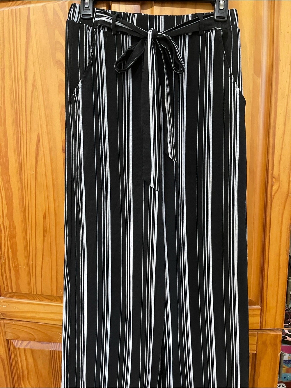 Striped Tie-Waist Wide Leg Pants in Black and White - Picture 1 of 7